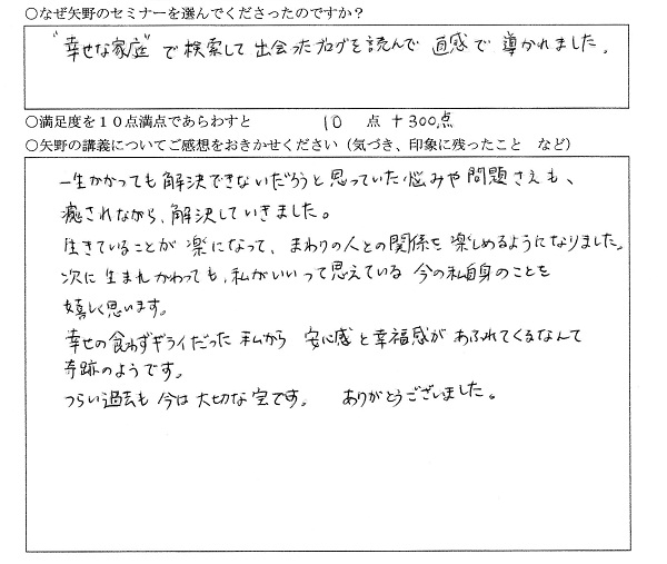 一生かかっても解決できないだろうと思っていた悩みや問題さえも、癒されながら解決していきました